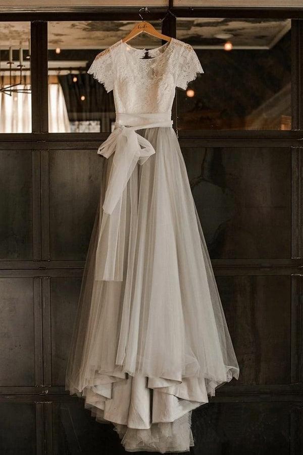 Short Sleeve Lace and Tulle Silver  Wedding Dresses with Sash