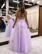 Tulle Spaghetti Strap Side Slit Lace Prom Dresses SYP158