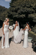 Silk Satin Sheath Scoop Neck Long Bridesmaid Dresses With Slit