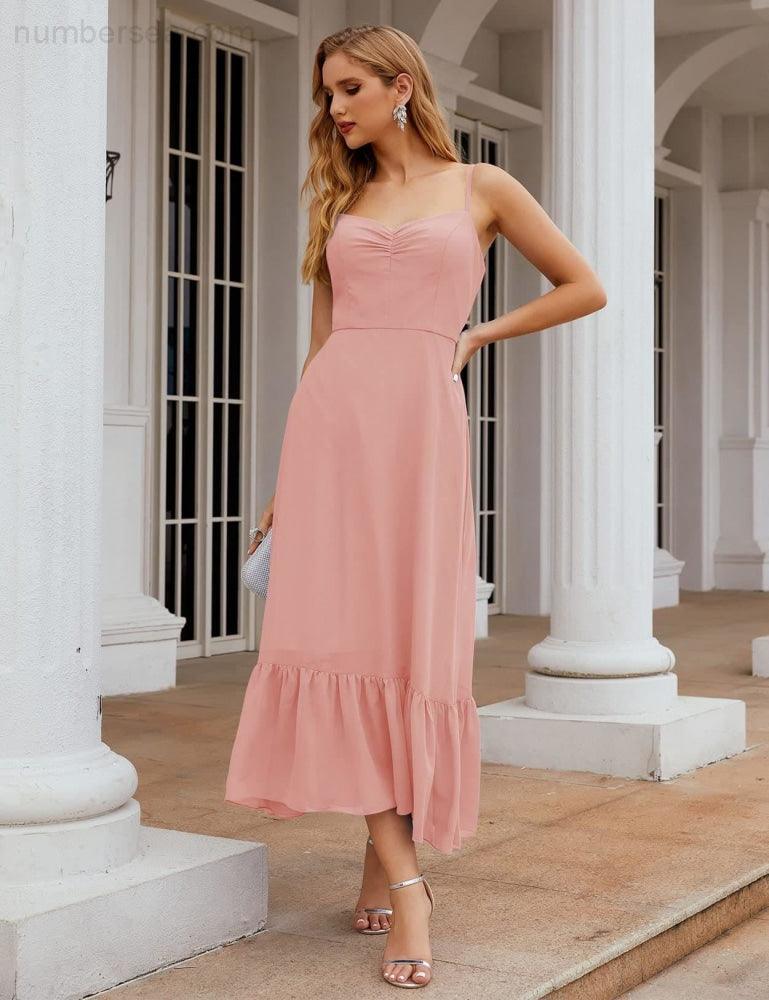 Spaghetti Strap Chiffon Bridesmaid Dress Ankle Length Formal A Line Cocktail Party Homecoming Dress for Juniors  SEA28028