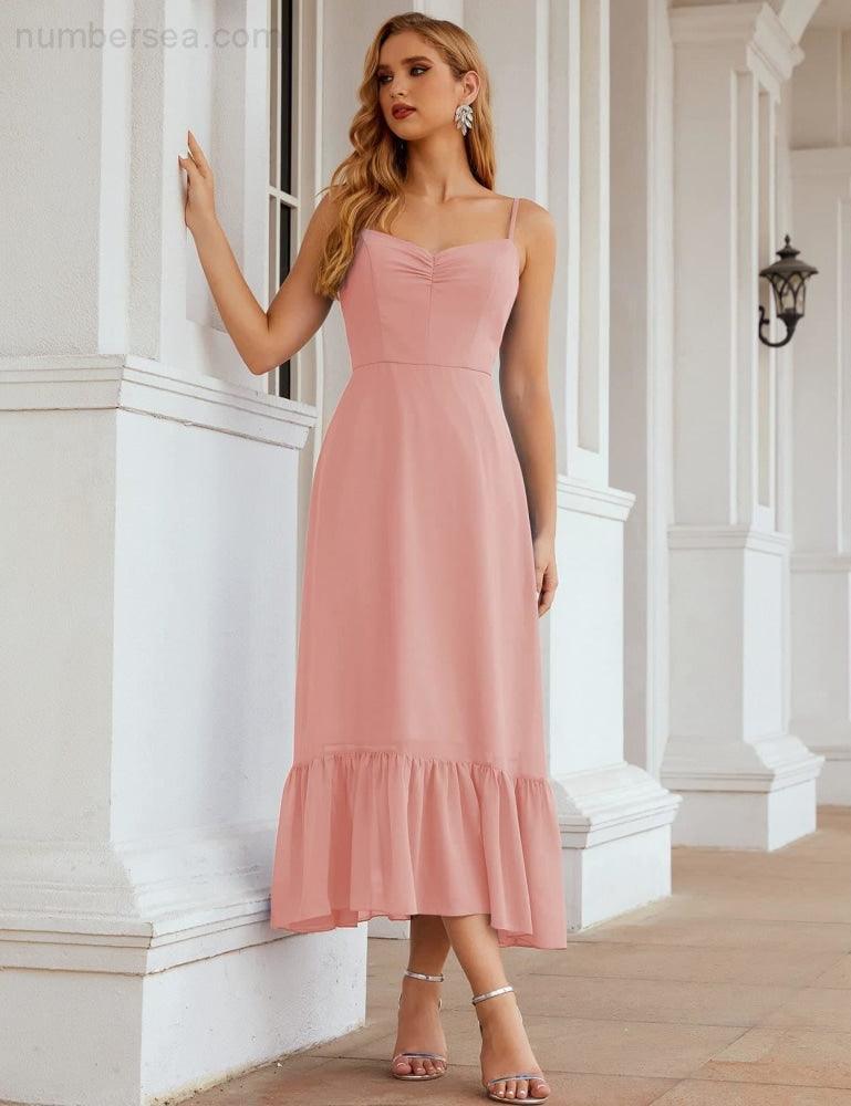 Spaghetti Strap Chiffon Bridesmaid Dress Ankle Length Formal A Line Cocktail Party Homecoming Dress for Juniors  SEA28028