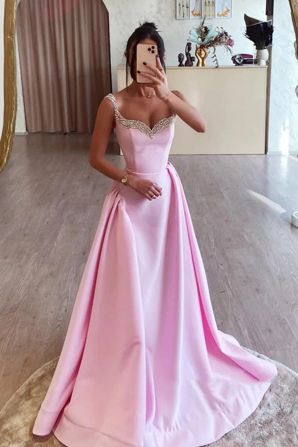 Simple A Line Pink Satin Long Prom Dresses with Beadings