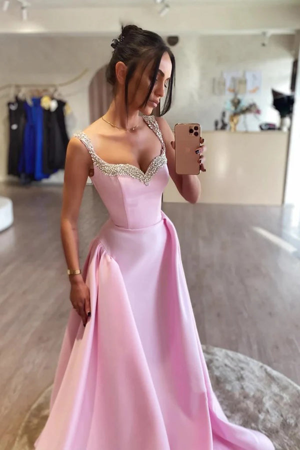 Simple A Line Pink Satin Long Prom Dresses with Beadings