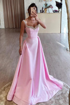 Simple A Line Pink Satin Long Prom Dresses with Beadings