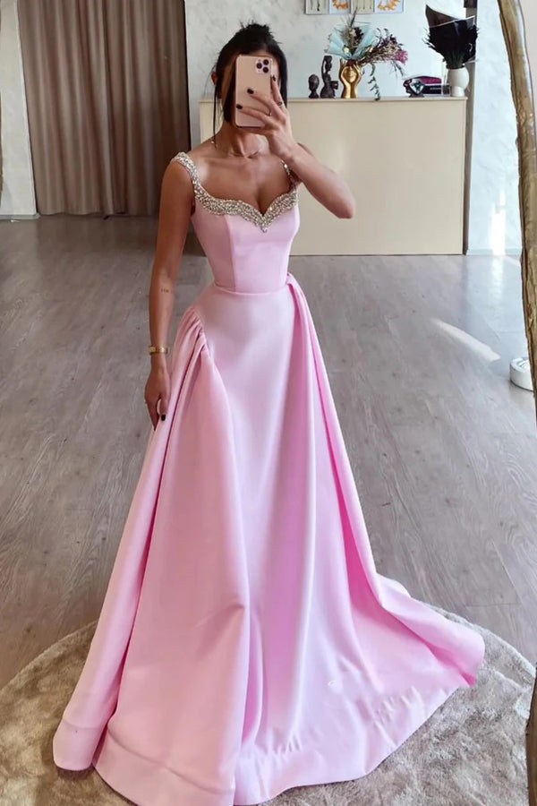 Simple A Line Pink Satin Long Prom Dresses with Beadings