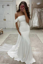 Simple Mermaid Off The Shoulder Ivory Satin Wedding Dress