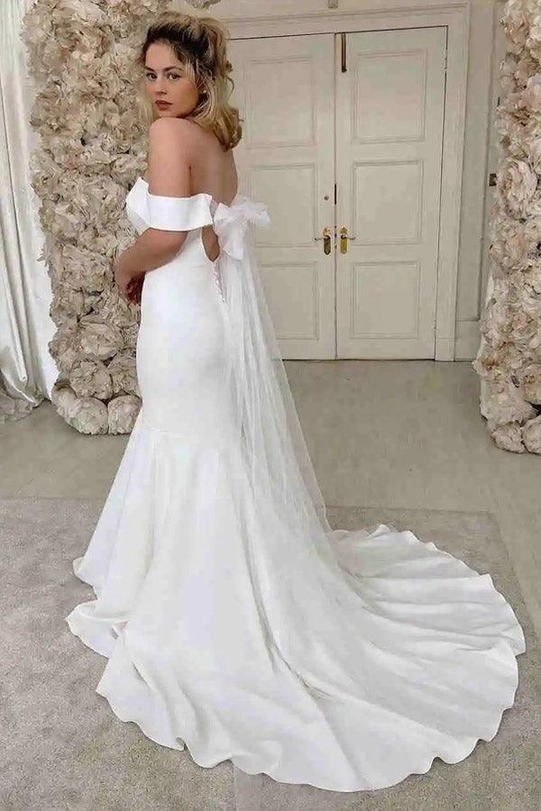 Simple Mermaid Off The Shoulder Ivory Satin Wedding Dress
