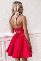 Simple Red Satin Strapless Sweetheart A-line Short Homecoming Dresses