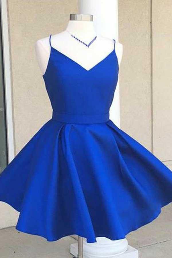 Simple Royal Blue Spaghetti Straps Homecoming Dresses With Ribbon
