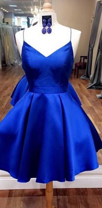 Simple Royal Blue Spaghetti Straps Homecoming Dresses With Ribbon