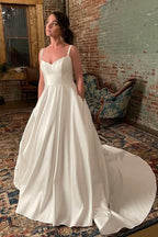 Simple Wide Straps Ivory Wedding Gown with Pockets