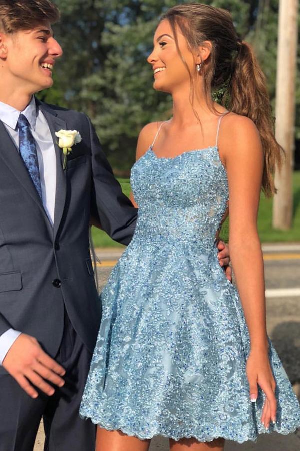 Sky Blue Spaghetti Straps A-line Lace Backless Short Homecoming Dresses