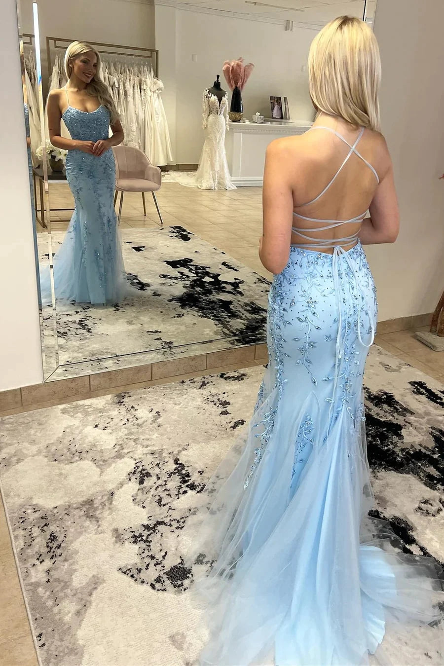 Sky Blue Trumpet Spaghetti Straps With Lace Long Prom Dresses