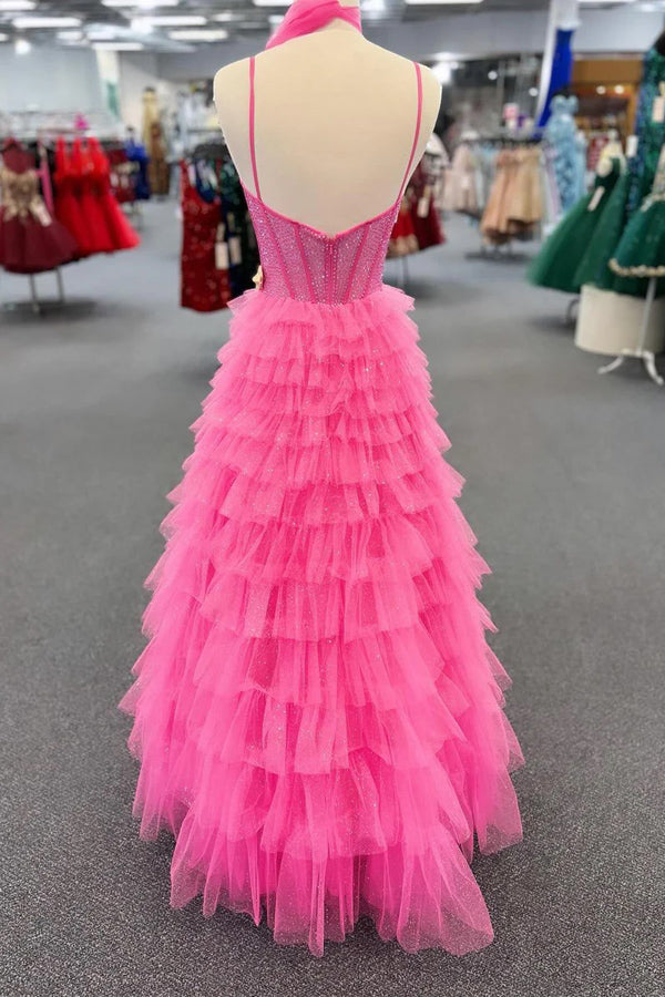 Spaghetti Strap Tiered Beaded Hot Pink Long Prom Dress