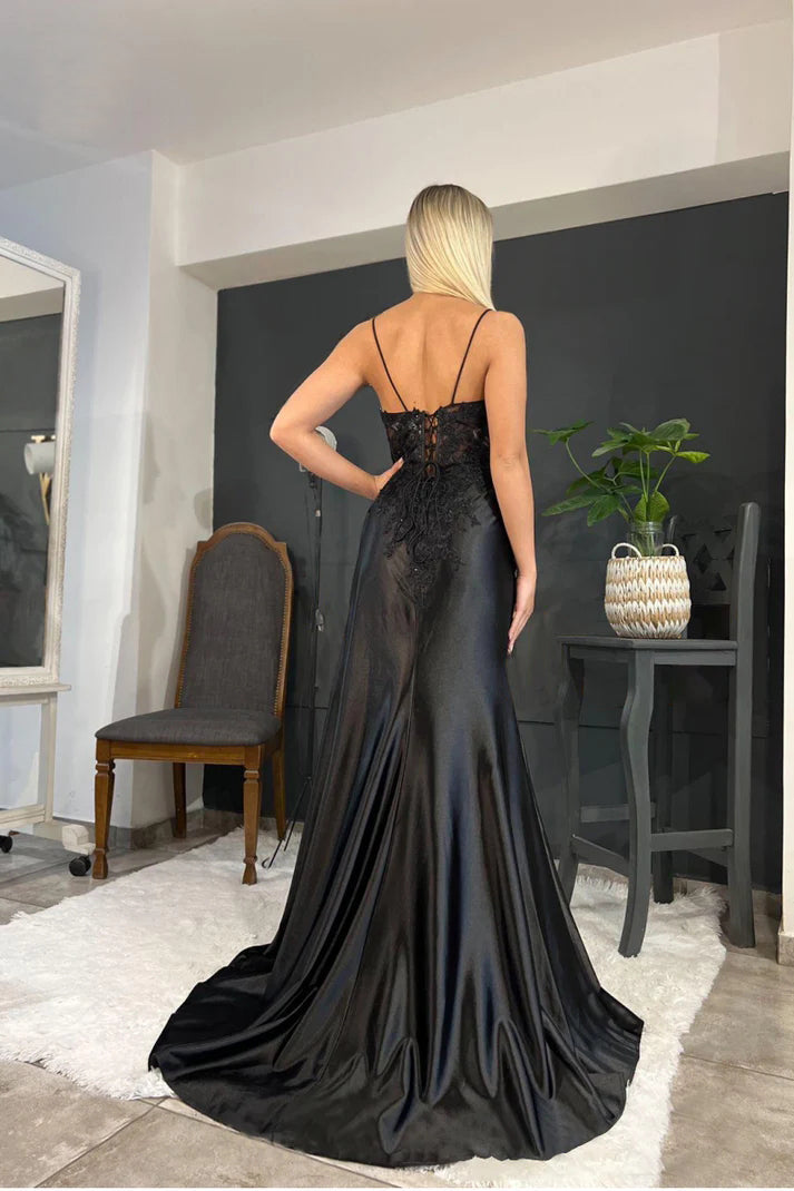 Spaghetti Straps Appliques Side Split Black Long Prom Dress
