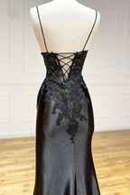 Spaghetti Straps Appliques Side Split Black Long Prom Dress