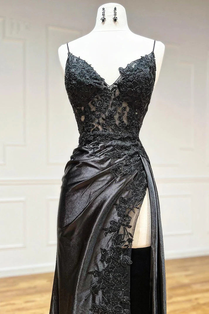 Spaghetti Straps Appliques Side Split Black Long Prom Dress