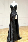 Spaghetti Straps Appliques Side Split Black Long Prom Dress