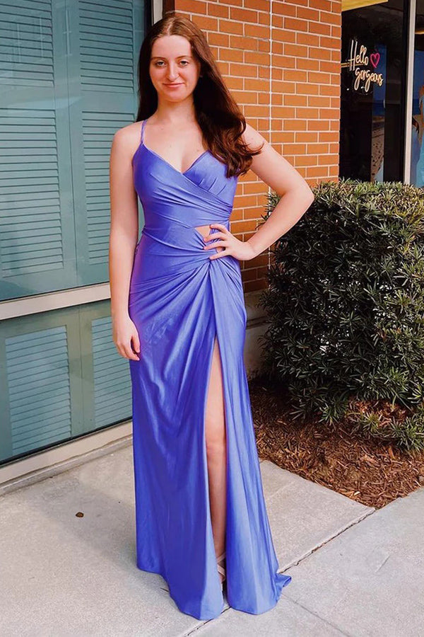 Sheath Spaghetti Straps Corset Back Purple Prom Dress With Split