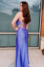 Sheath Spaghetti Straps Corset Back Purple Prom Dress With Split