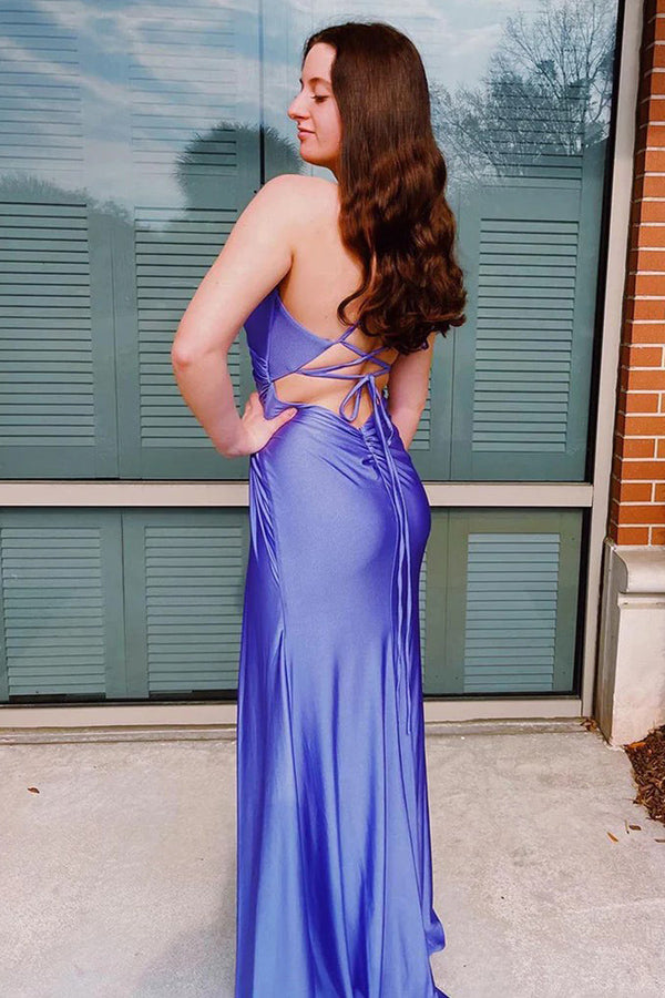 Sheath Spaghetti Straps Corset Back Purple Prom Dress With Split