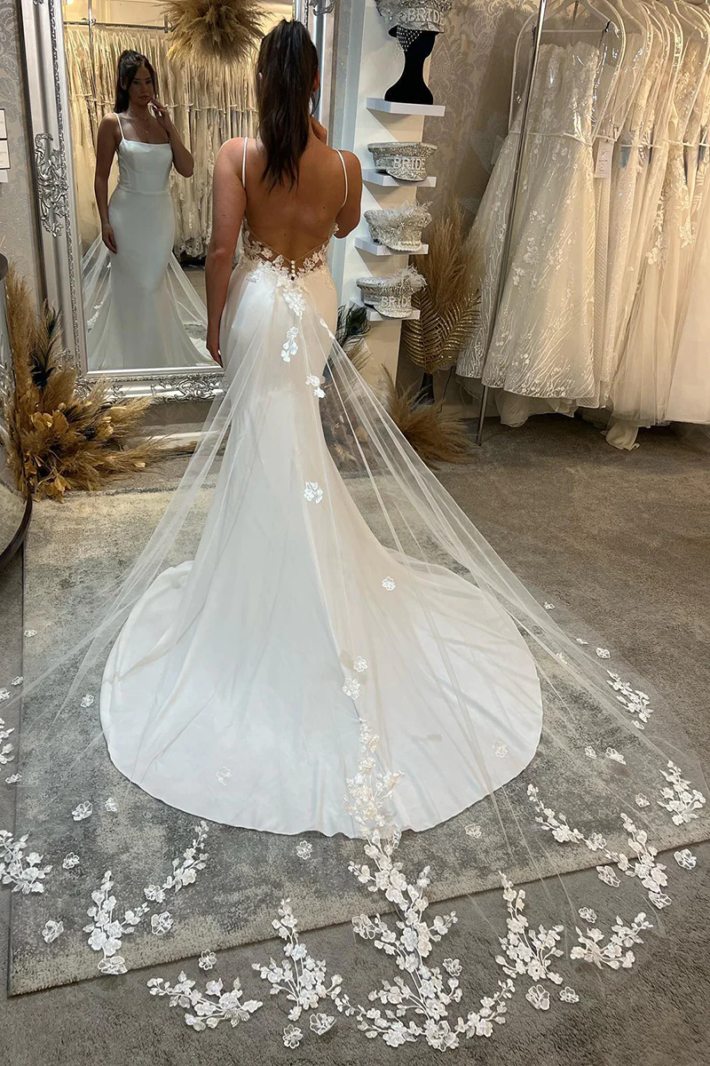 Spaghetti Straps Lace Beach Mermaid Court Train Wedding Dress