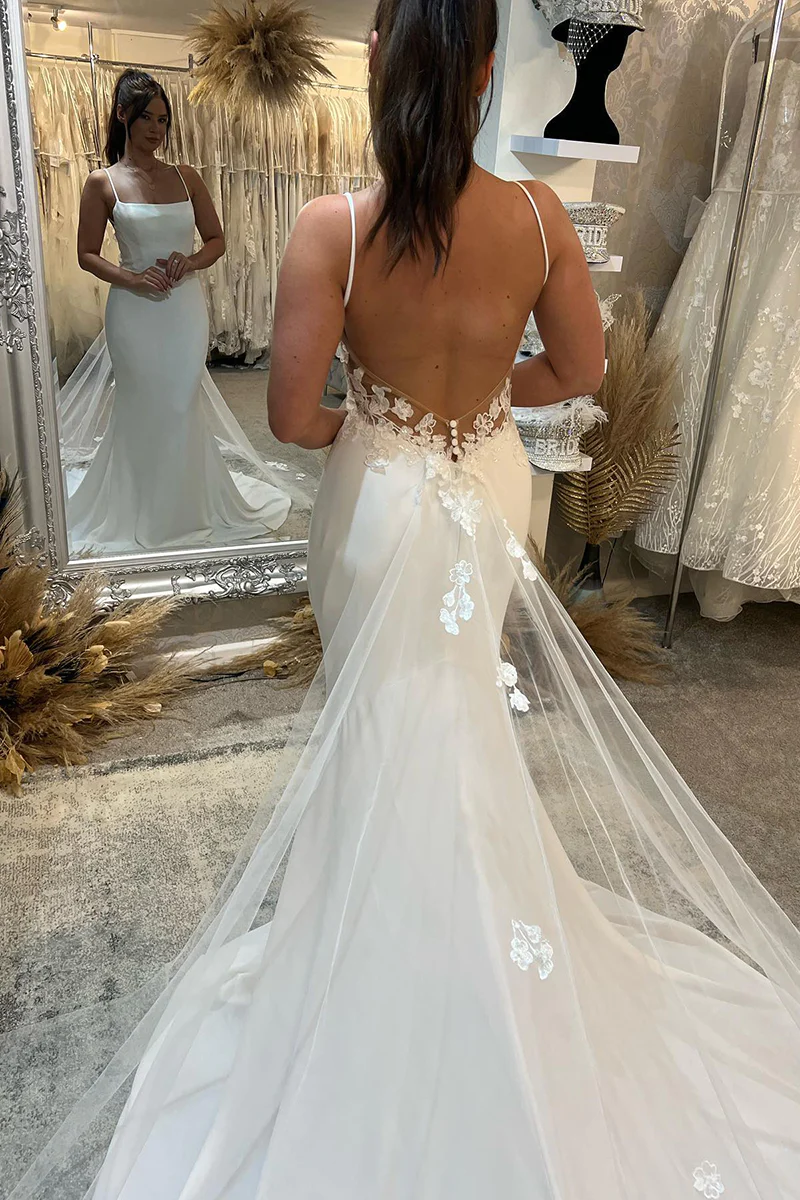 Spaghetti Straps Lace Beach Mermaid Court Train Wedding Dress