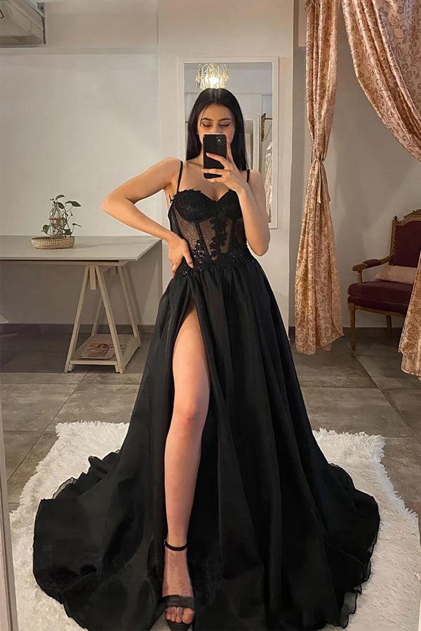 Spaghetti Straps Thigh Split Lace Appliques Black Prom Dresses