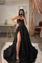 Spaghetti Straps Thigh Split Lace Appliques Black Prom Dresses