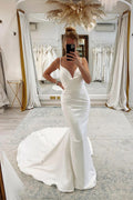 Spaghetti Straps V-neck Pleats Simple Mermaid Satin Wedding Dress