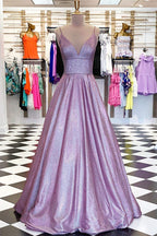 Sparkly Lavender A-line V-neck Spaghetti Straps Prom Dresses, Evening Dress