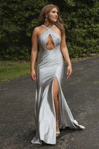 Sparkly Mermaid Silver Long Prom Dress with Beading