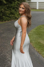 Sparkly Mermaid Silver Long Prom Dress with Beading