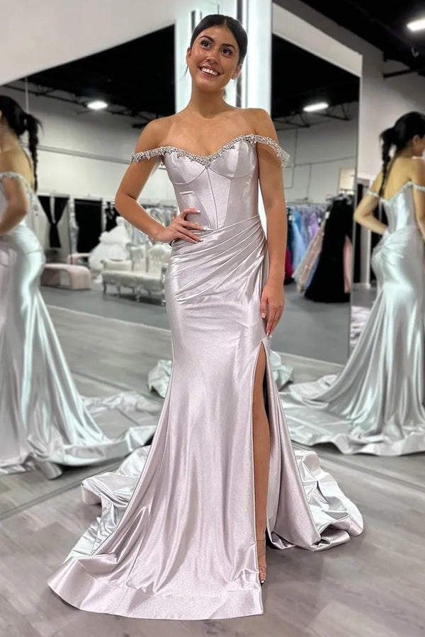 Sparkly Mermaid Silver Off the Shoulder Corset Long Prom Dress