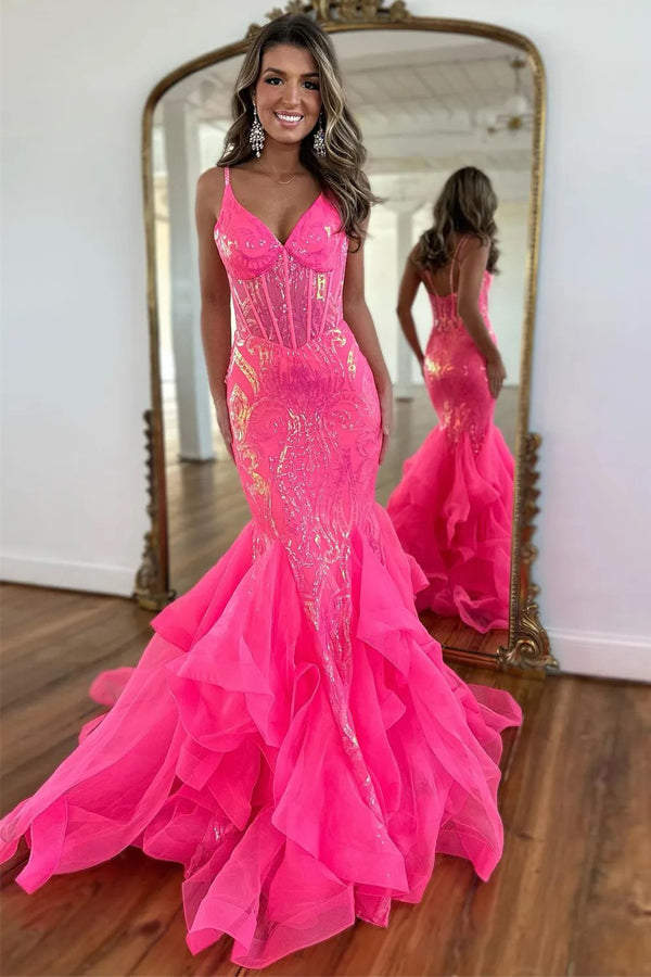 Sparkly Mermaid Spaghetti Straps Hot Pink Prom Dress