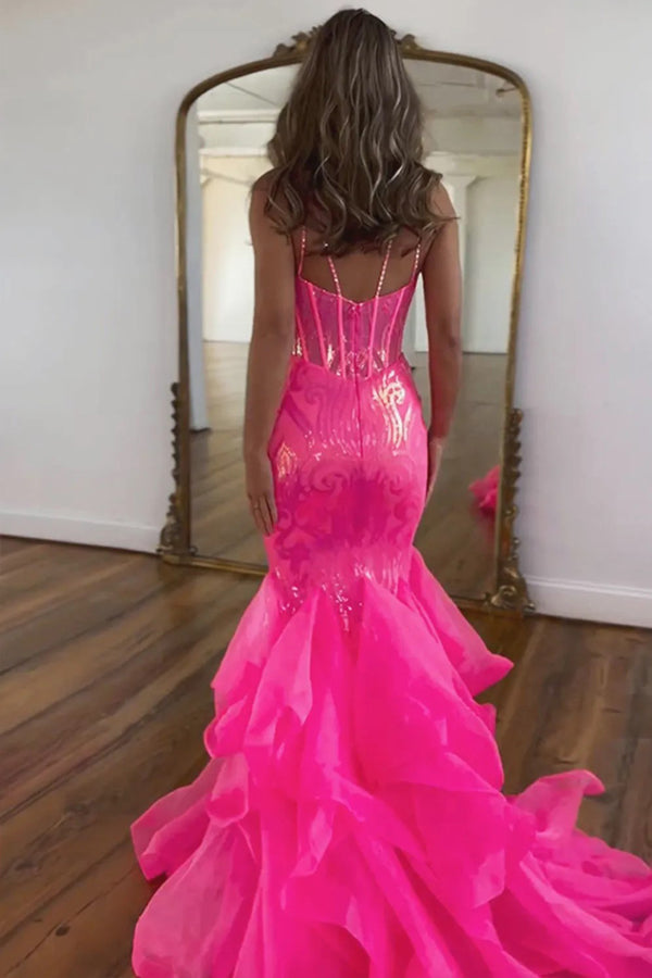 Sparkly Mermaid Spaghetti Straps Hot Pink Prom Dress