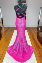 Sparkly Orange Sequins Mermaid V-neck Prom Dresses, Long Formal Dress