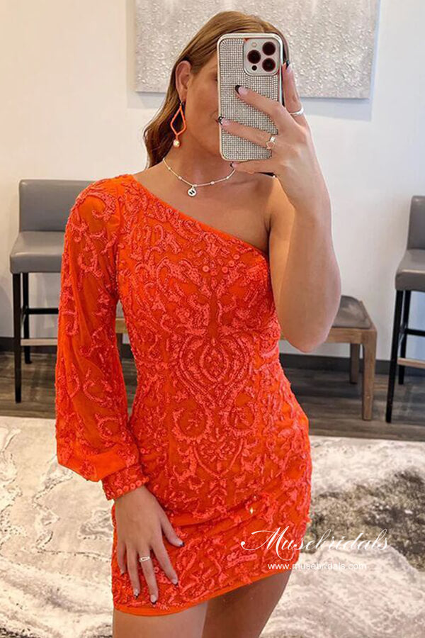 Sparkly Orange Sheath Sequins One Shoulder Mini Homecoming Dresses