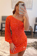 Sparkly Orange Sheath Sequins One Shoulder Mini Homecoming Dresses