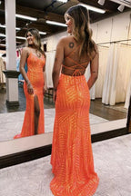 Sparkly Sequin Orange Long Glitter Prom  Dress With Split