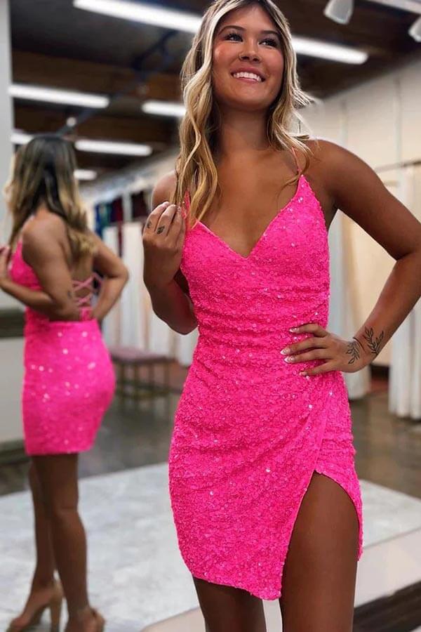 Sparkly Sequins V-neck Spaghetti Straps Short Homecoming Dresses