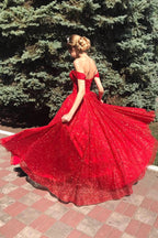 Tulle A-line Off Shoulder Long Prom Dresses, Evening Dresses