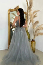 Split Front V-Neck A-Line Spaghetti Straps Floor-Length Tulle Sleeveless Prom Dress with Beadings