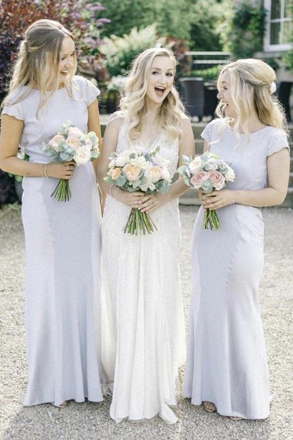 Stain Sheath Bateau Neck Cap Sleeves Floor Length Lace Bridesmaid Dresses