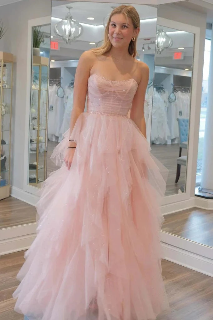Strapless Light Pink Sequin Beaded Tulle Stunning Prom Dress