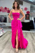 Strapless Ruched Maxi Magenta Prom Dress With Court Train