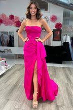 Strapless Ruched Maxi Magenta Prom Dress With Court Train