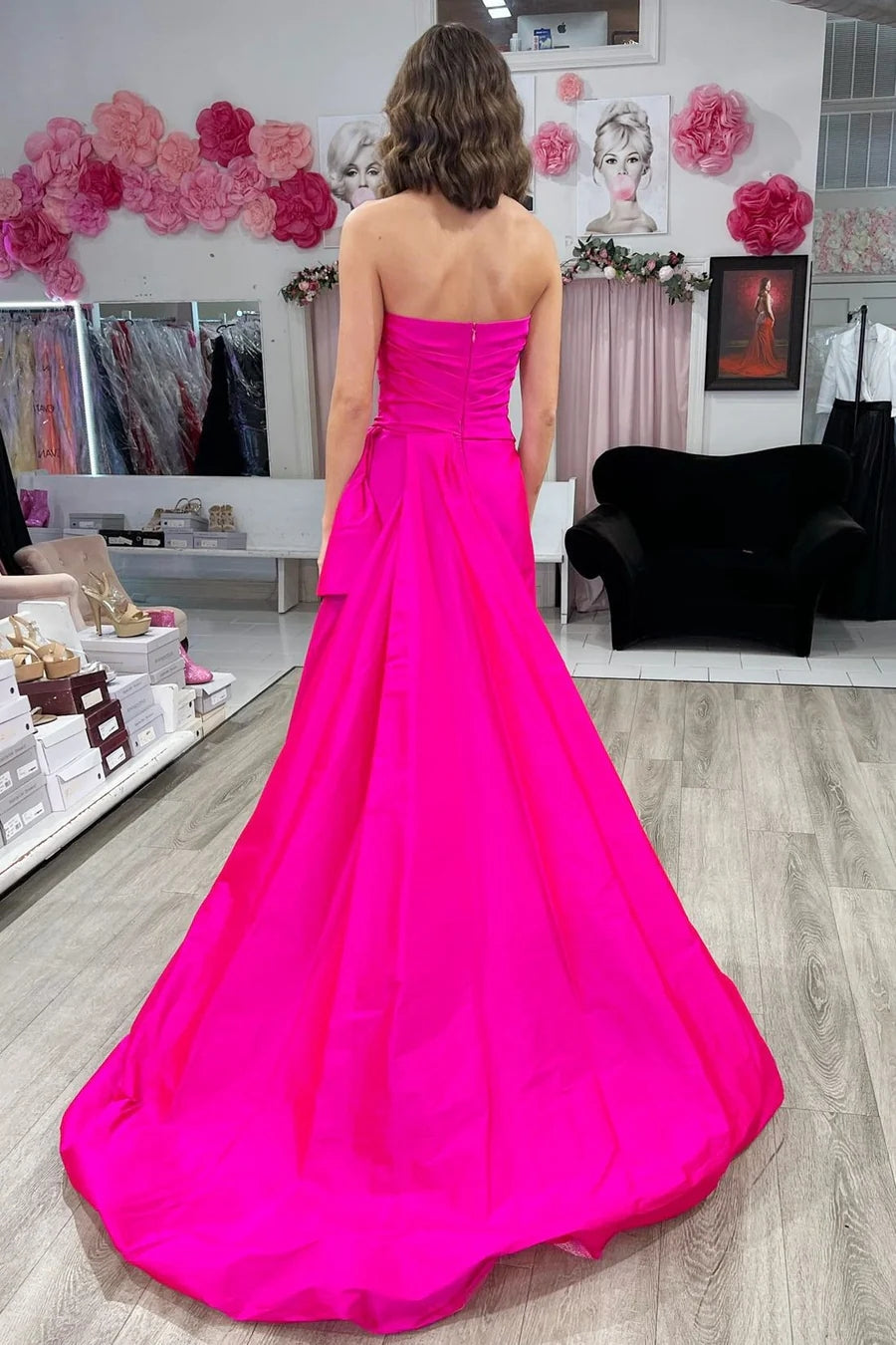 Strapless Ruched Maxi Magenta Prom Dress With Court Train