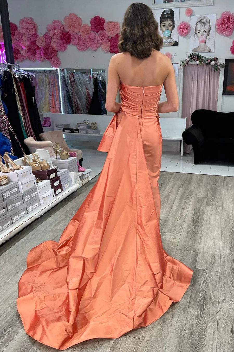 Strapless Ruched Maxi Magenta Prom Dress With Court Train