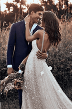 Straps Long Train A-line Lace Simple Rustic Backless Wedding Dress